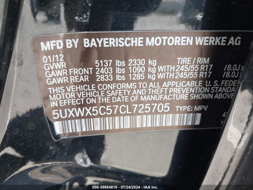 2012 BMW X3 xDrive28I VIN: 5UXWX5C57CL725705 Lot: 39954810