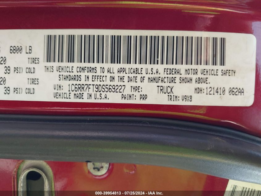 2013 Ram 1500 Express VIN: 1C6RR7FT9DS569227 Lot: 39954813