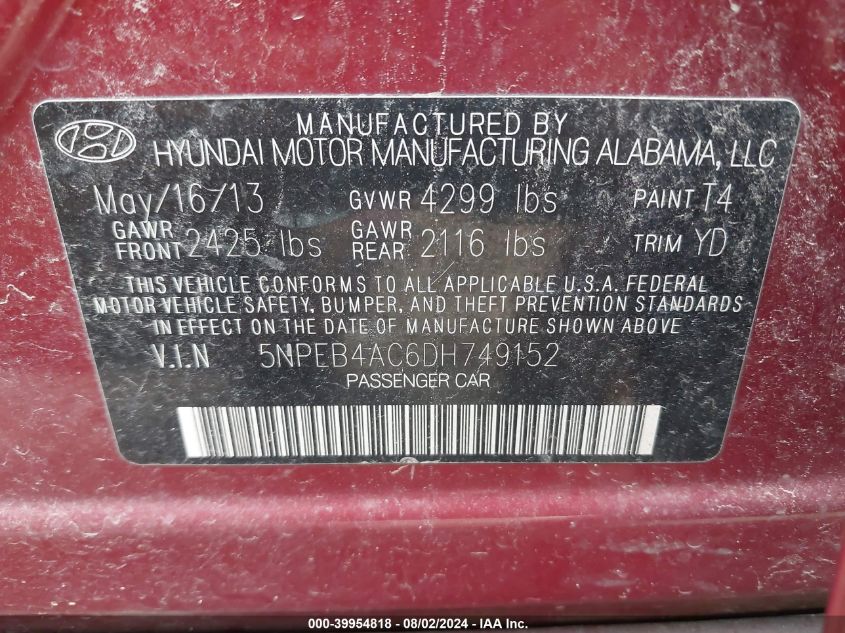 5NPEB4AC6DH749152 2013 Hyundai Sonata Gls