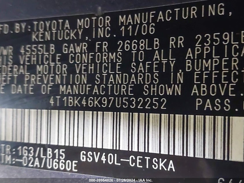 2007 Toyota Camry Le V6/Se V6/Xle V6 VIN: 4T1BK46K97U532252 Lot: 39954826