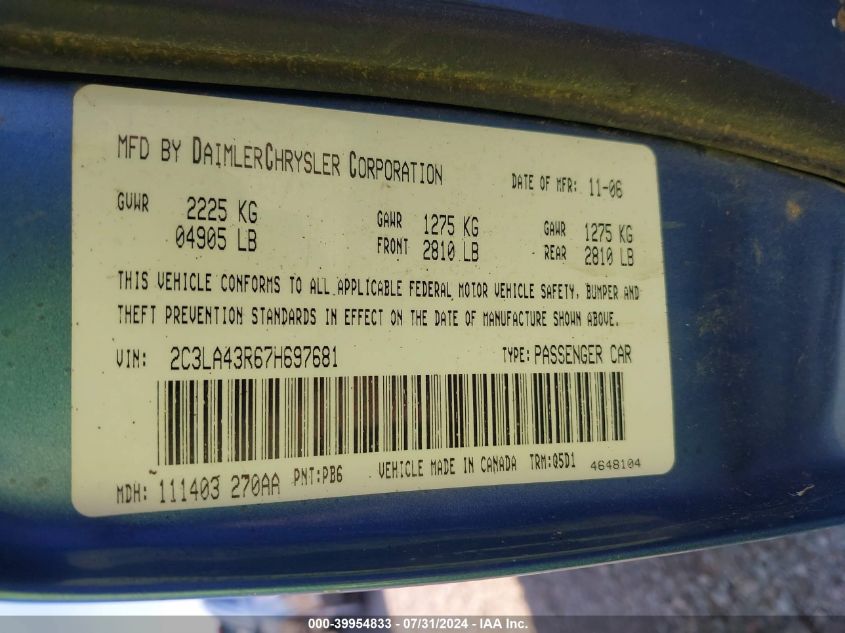 2007 Chrysler 300 VIN: 2C3LA43R67H697681 Lot: 39954833