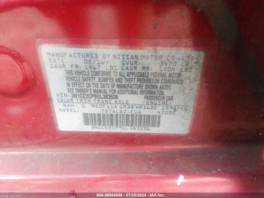 2016 Nissan Versa Note S/S Plus/Sv/Sl/Sr VIN: 3N1CE2CP9GL383536 Lot: 39954836