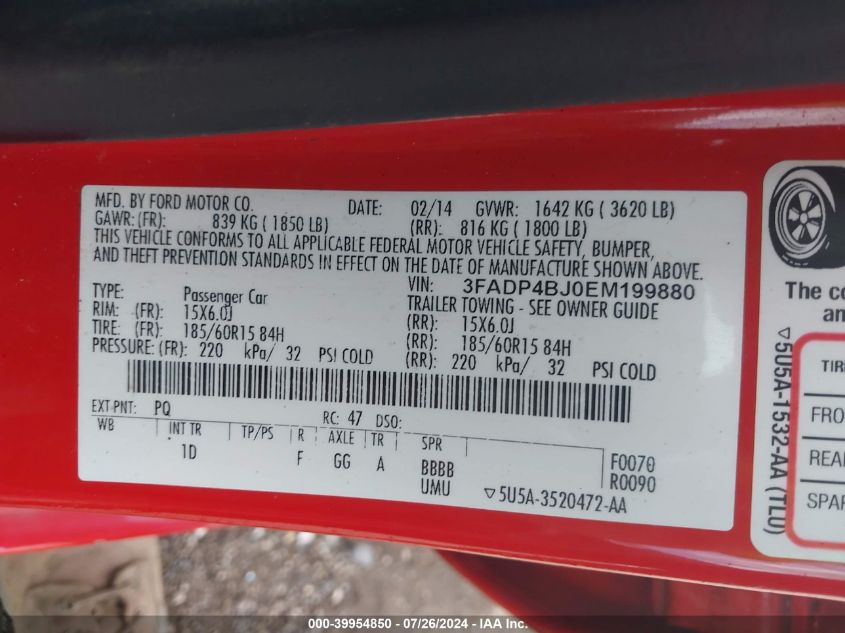 2014 Ford Fiesta Se VIN: 3FADP4BJ0EM199880 Lot: 39954850