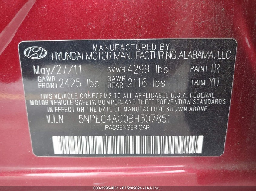 2011 Hyundai Sonata Limited VIN: 5NPEC4AC0BH307851 Lot: 39954851