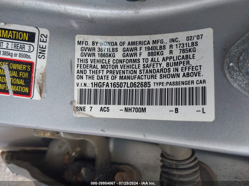 2007 Honda Civic Lx VIN: 1HGFA16507L062685 Lot: 39954867