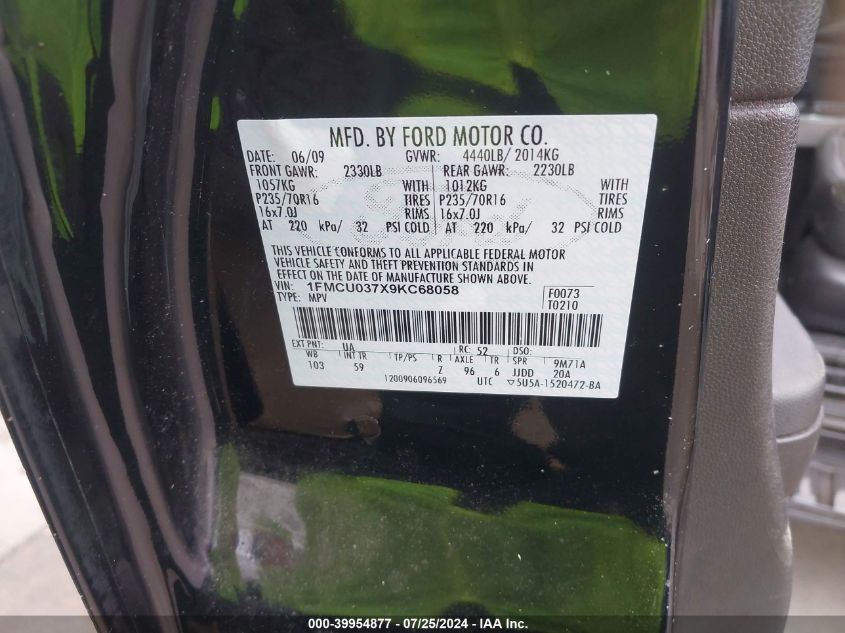 2009 Ford Escape Xlt VIN: 1FMCU037X9KC68058 Lot: 39954877