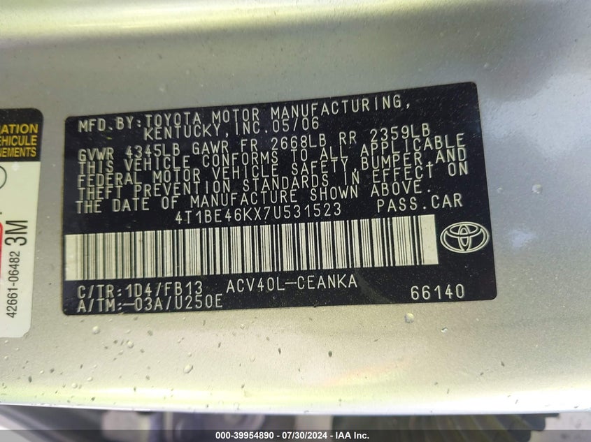 2007 Toyota Camry Le VIN: 4T1BE46KX7U531523 Lot: 39954890