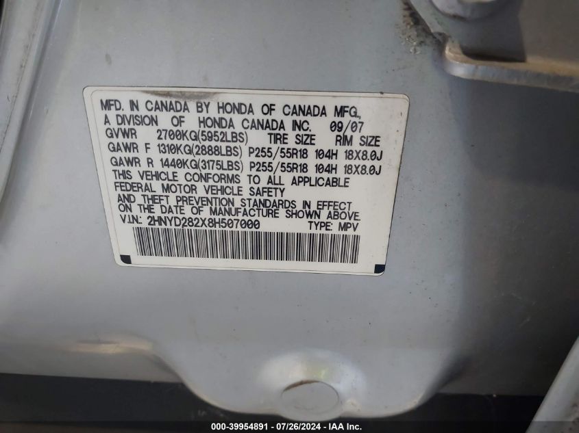 2008 Acura Mdx VIN: 2HNYD282X8H507000 Lot: 39954891
