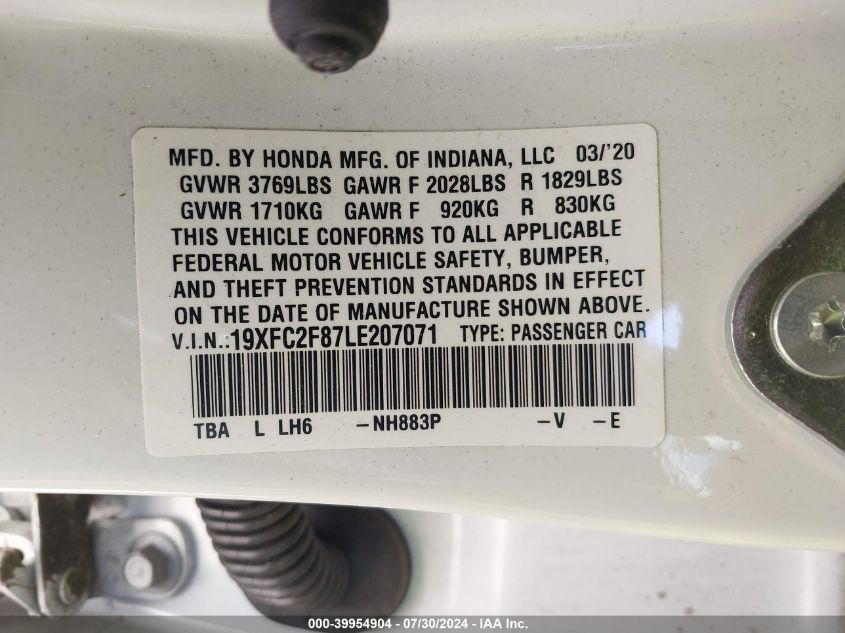 19XFC2F87LE207071 2020 Honda Civic Sport