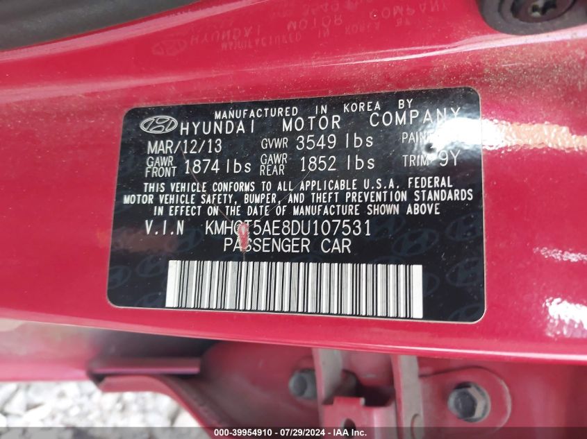 2013 Hyundai Accent Gs VIN: KMHCT5AE8DU107531 Lot: 39954910