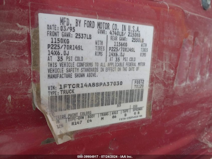 1995 Ford Ranger Super Cab VIN: 1FTCR14A8SPA37030 Lot: 39954917