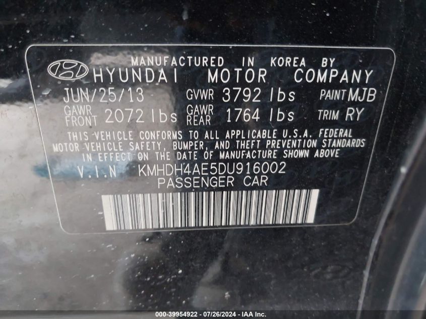 2013 Hyundai Elantra Limited VIN: KMHDH4AE5DU916002 Lot: 39954922