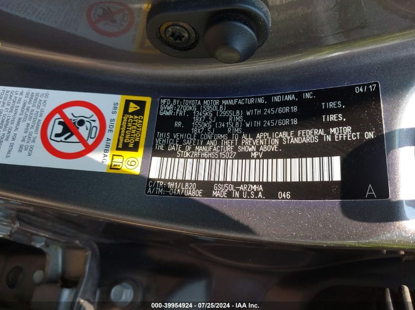 2017 Toyota Highlander Xle VIN: 5TDKZRFH6HS515027 Lot: 39954924