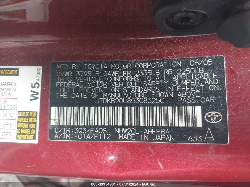 2005 Toyota Prius VIN: JTDKB20U853083250 Lot: 39954931
