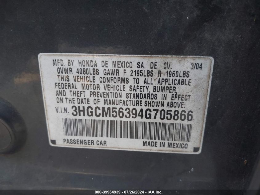 2004 Honda Accord Lx VIN: 3HGCM56394G705866 Lot: 39954939
