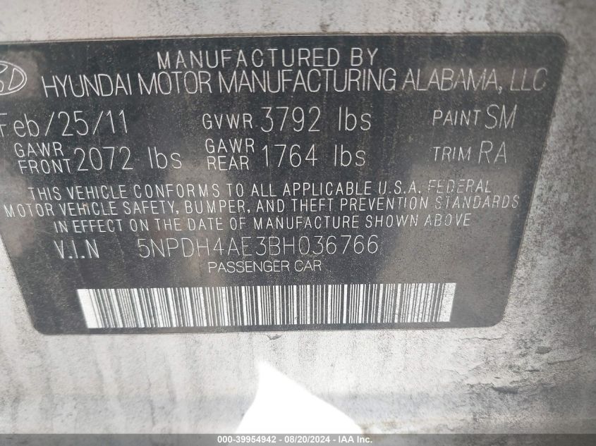 2011 Hyundai Elantra Gls VIN: 5NPDH4AE3BH036766 Lot: 39954942