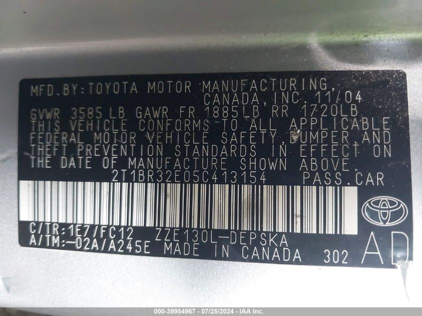 2005 Toyota Corolla S VIN: 2T1BR32E05C413154 Lot: 39954967