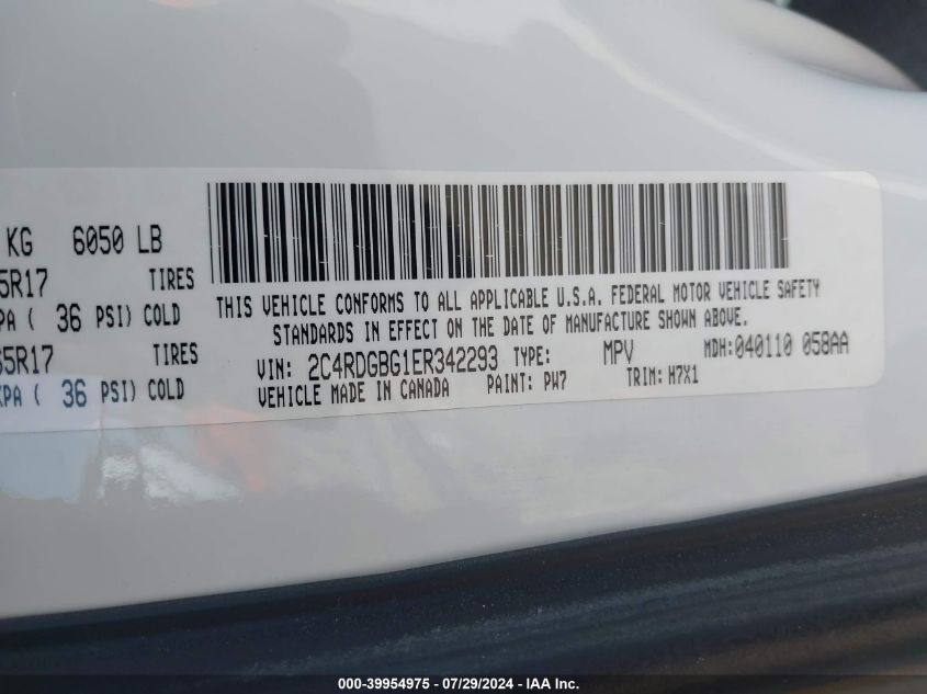 2014 Dodge Grand Caravan American Value Pkg VIN: 2C4RDGBG1ER342293 Lot: 39954975