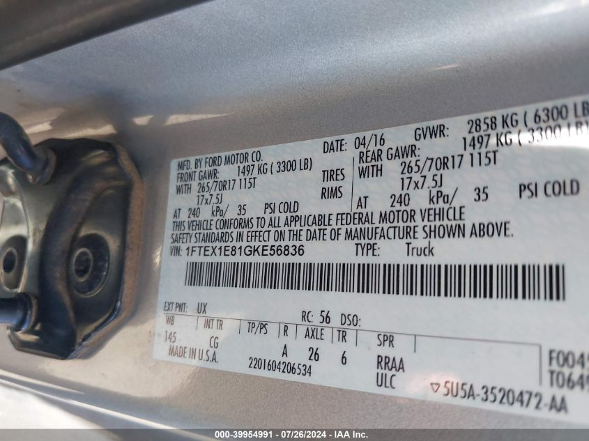 2016 Ford F-150 Xl VIN: 1FTEX1E81GKE56836 Lot: 39954991