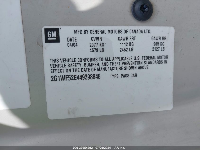 2004 Chevrolet Impala VIN: 2G1WF52E449398848 Lot: 39954992