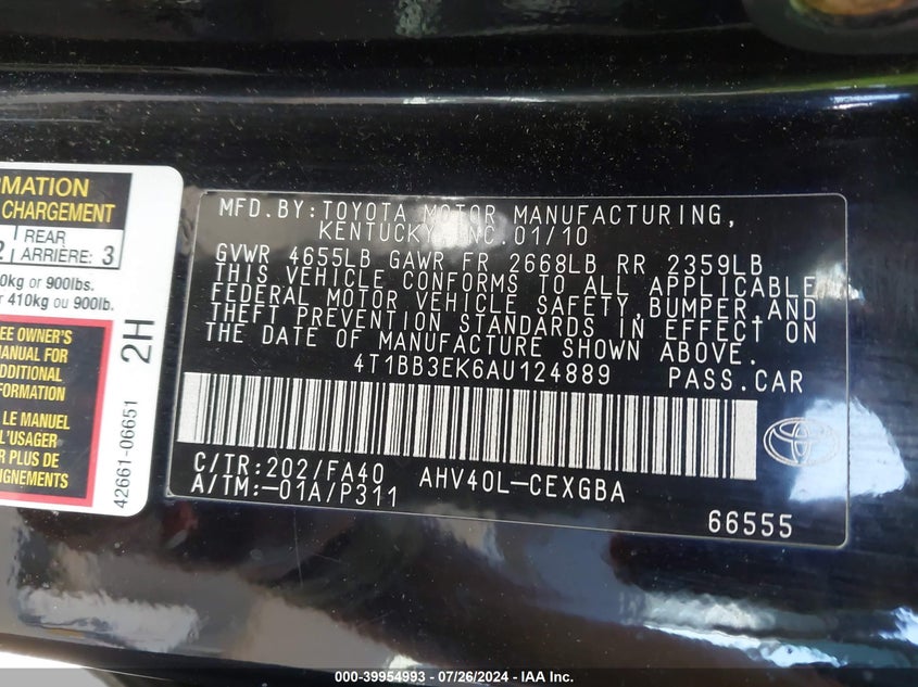 2010 Toyota Camry Hybrid VIN: 4T1BB3EK6AU124889 Lot: 39954993