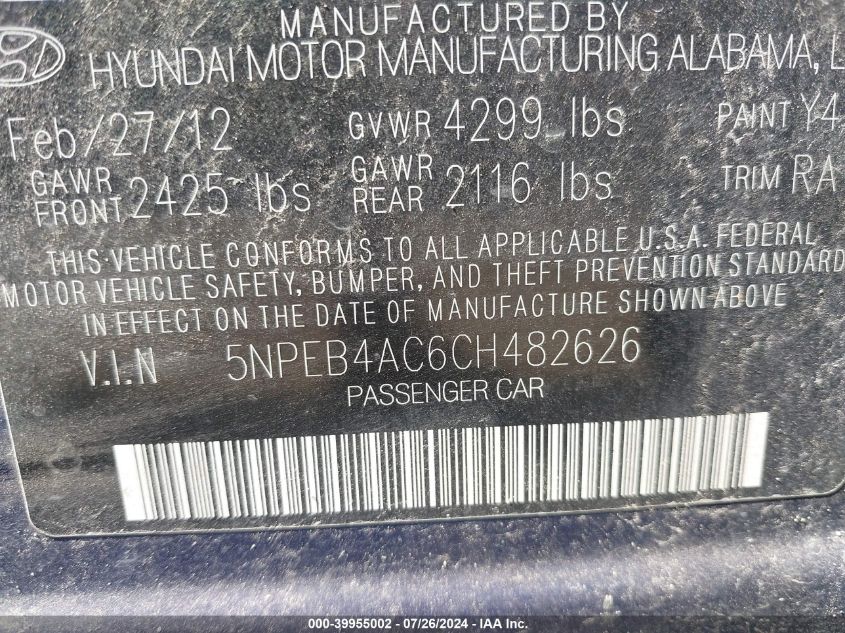 5NPEB4AC6CH482626 2012 Hyundai Sonata Gls