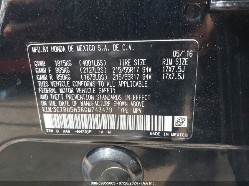 2016 Honda Hr-V Lx VIN: 3CZRU5H36GM743478 Lot: 39955009