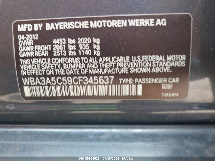 2012 BMW 328I VIN: WBA3A5C59CF345637 Lot: 39955028