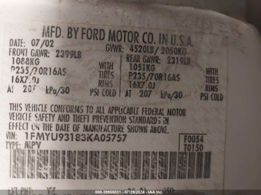 2003 Ford Escape Xlt VIN: 1FMYU93183KA05757 Lot: 39955031