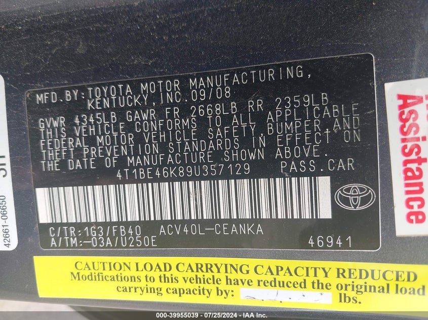 2009 Toyota Camry Le/Se/Xle VIN: 4T1BE46K89U357129 Lot: 39955039