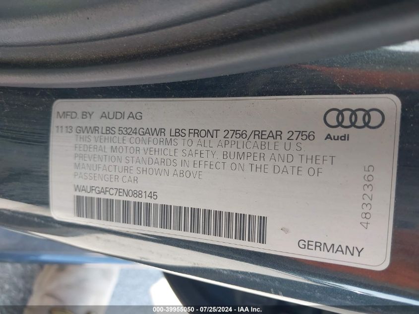 2014 Audi A6 3.0T Premium Plus VIN: WAUFGAFC7EN088145 Lot: 39955050