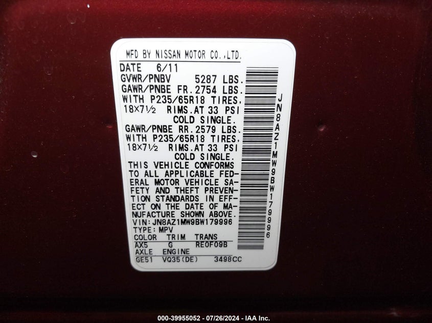 2011 Nissan Murano Sl VIN: JN8AZ1MW9BW179996 Lot: 39955052