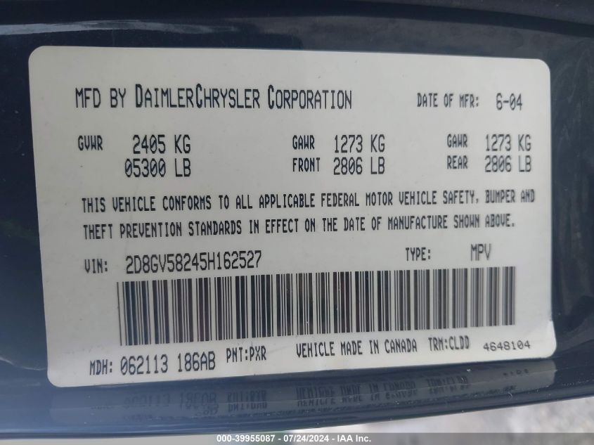 2005 Dodge Magnum Rt VIN: 2D8GV58245H162527 Lot: 39955087