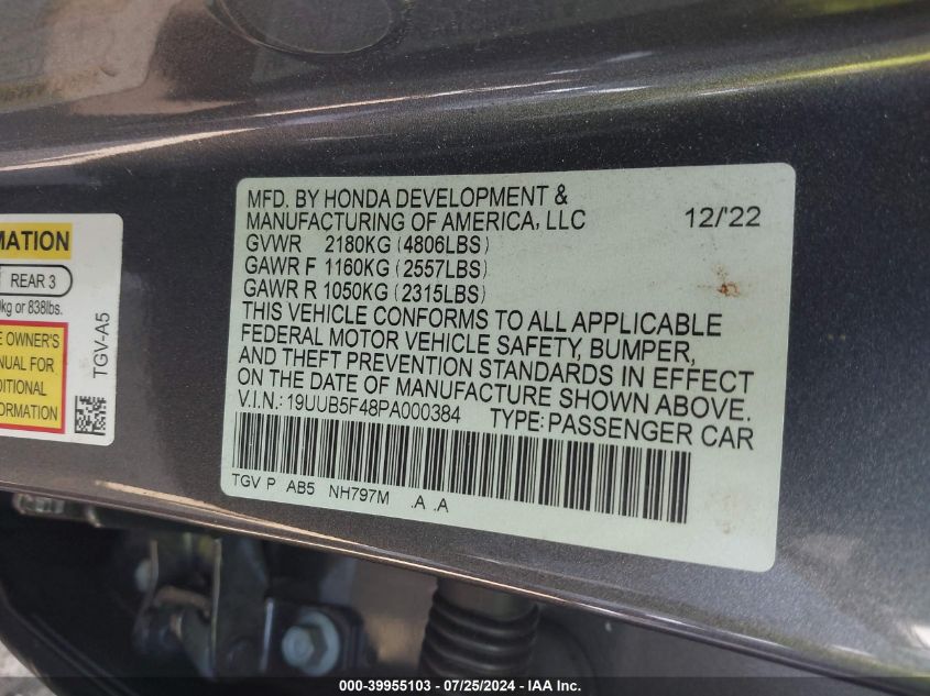 2023 Acura Tlx Technology Package VIN: 19UUB5F48PA000384 Lot: 39955103