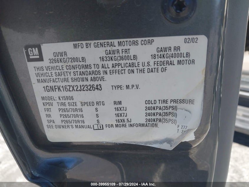 2002 Chevrolet Suburban 1500 Lt VIN: 1GNFK16ZX2J232643 Lot: 39955109