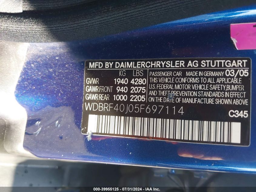 2005 Mercedes-Benz C 230 Kompressor Sport VIN: WDBRF40J05F697114 Lot: 39955125