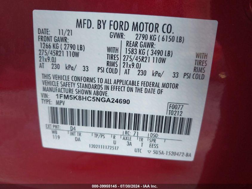 2022 Ford Explorer Platinum VIN: 1FM5K8HC5NGA24690 Lot: 39955145