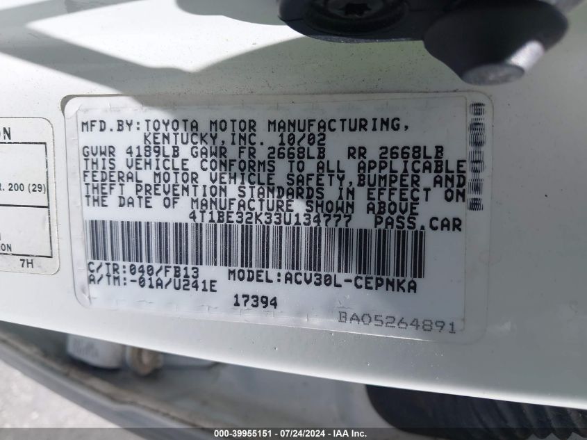 2003 Toyota Camry Le/Se/Xle VIN: 4T1BE32K33U134777 Lot: 39955151