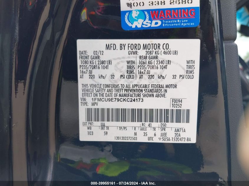 2012 Ford Escape Limited VIN: 1FMCU9E79CKC24173 Lot: 39955161