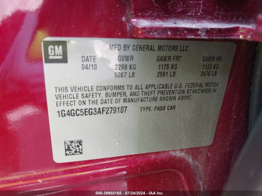 2010 Buick Lacrosse Cxl VIN: 1G4GC5EG3AF279107 Lot: 39955165