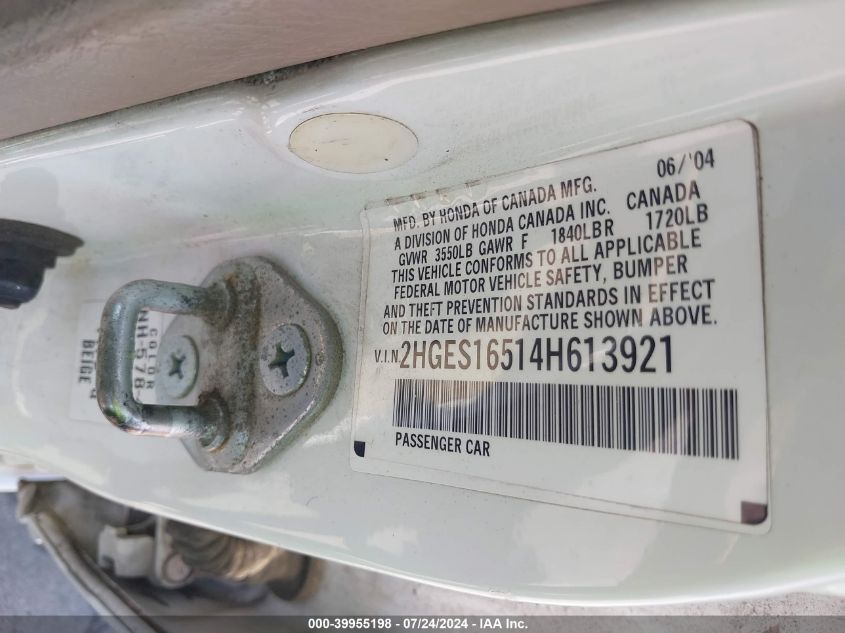 2004 Honda Civic Lx VIN: 2HGES16514H613921 Lot: 39955198