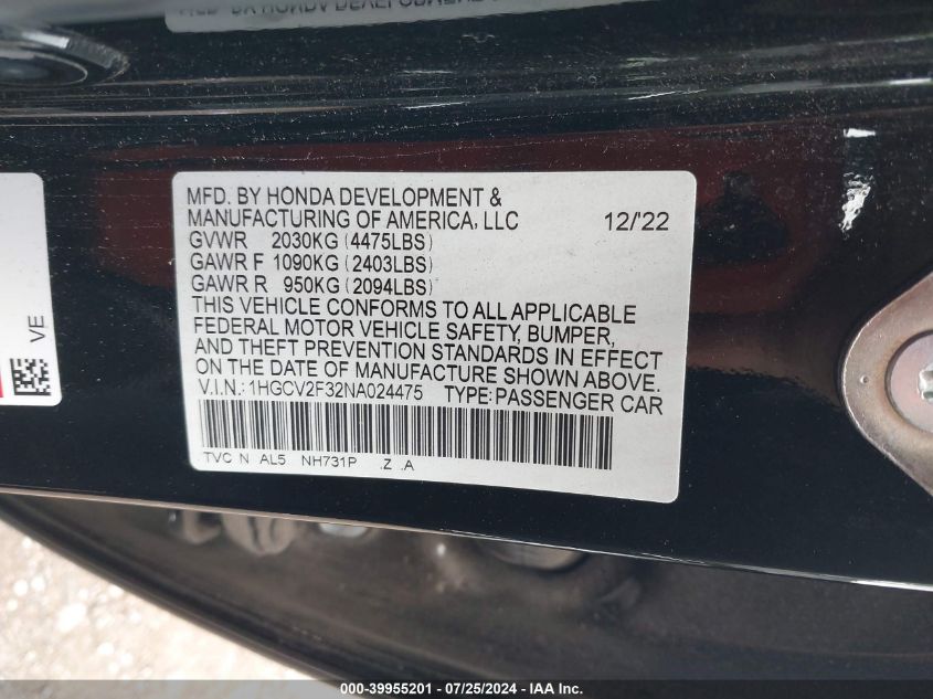 2022 Honda Accord Sport 2.0T VIN: 1HGCV2F32NA024475 Lot: 39955201