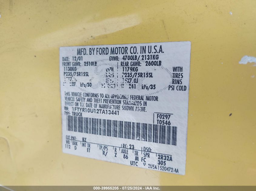 2002 Ford Ranger Edge/Xl/Xlt VIN: 1FTYR10U12TA13441 Lot: 39955205