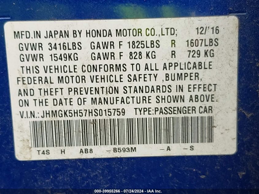 2017 Honda Fit Lx VIN: JHMGK5H57HS015759 Lot: 39955266