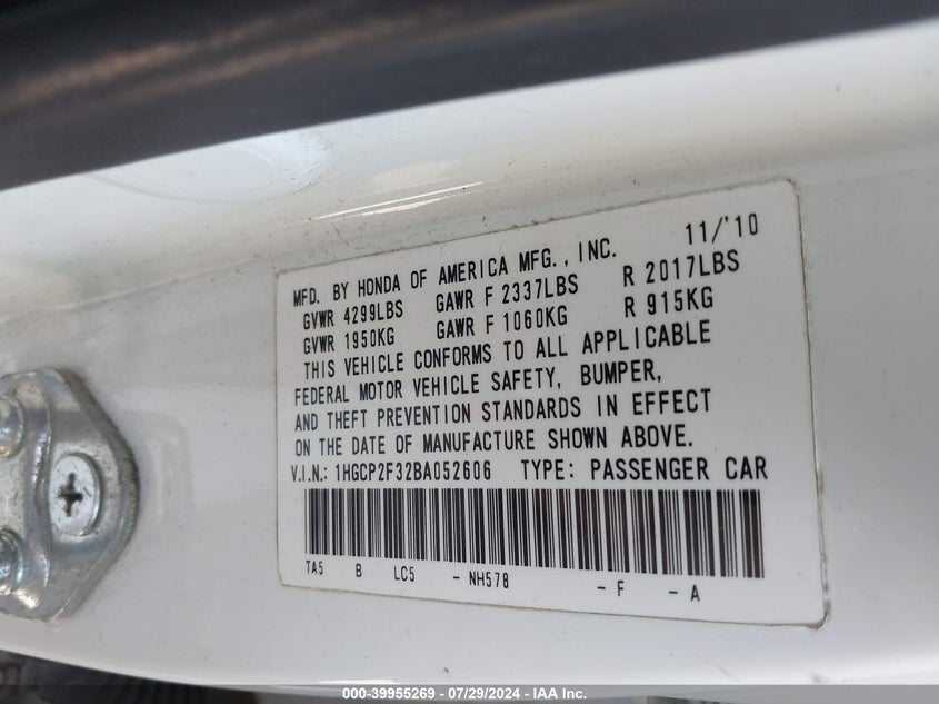 2011 Honda Accord Lx VIN: 1HGCP2F32BA052606 Lot: 39955269