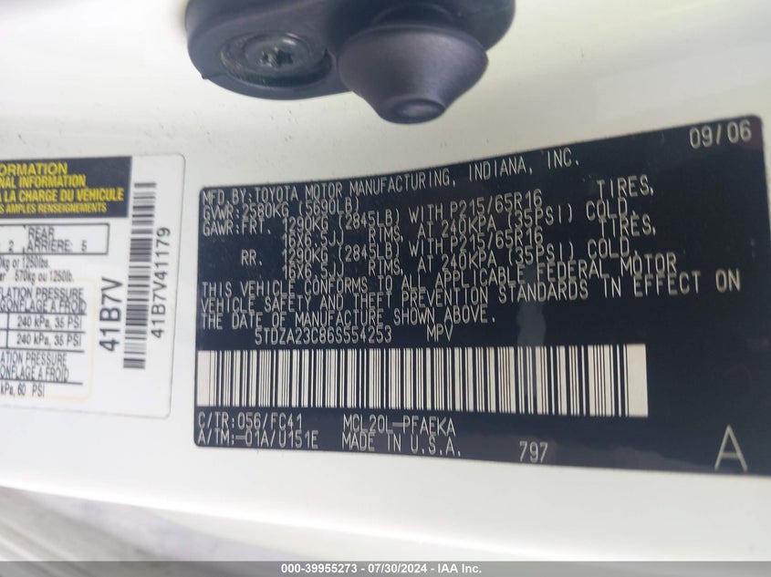 2006 Toyota Sienna Le VIN: 5TDZA23C86S554253 Lot: 39955273