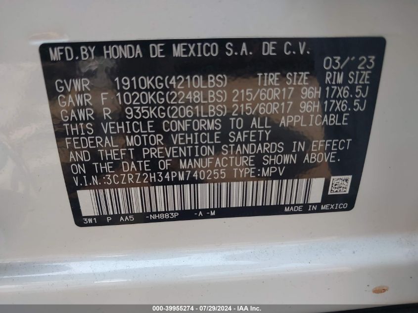 2023 Honda Hr-V Awd Lx VIN: 3CZRZ2H34PM740255 Lot: 39955274