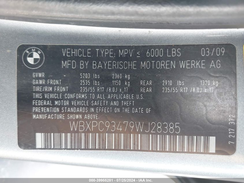 2009 BMW X3 xDrive30I VIN: WBXPC93479WJ28385 Lot: 39955281