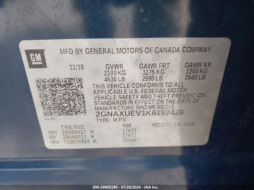 2019 Chevrolet Equinox Lt VIN: 2GNAXUEV1K6192428 Lot: 39955290