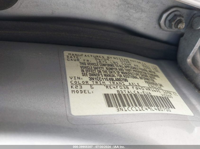 2009 Nissan Versa 1.6 VIN: 3N1CC11E49L480700 Lot: 39955307